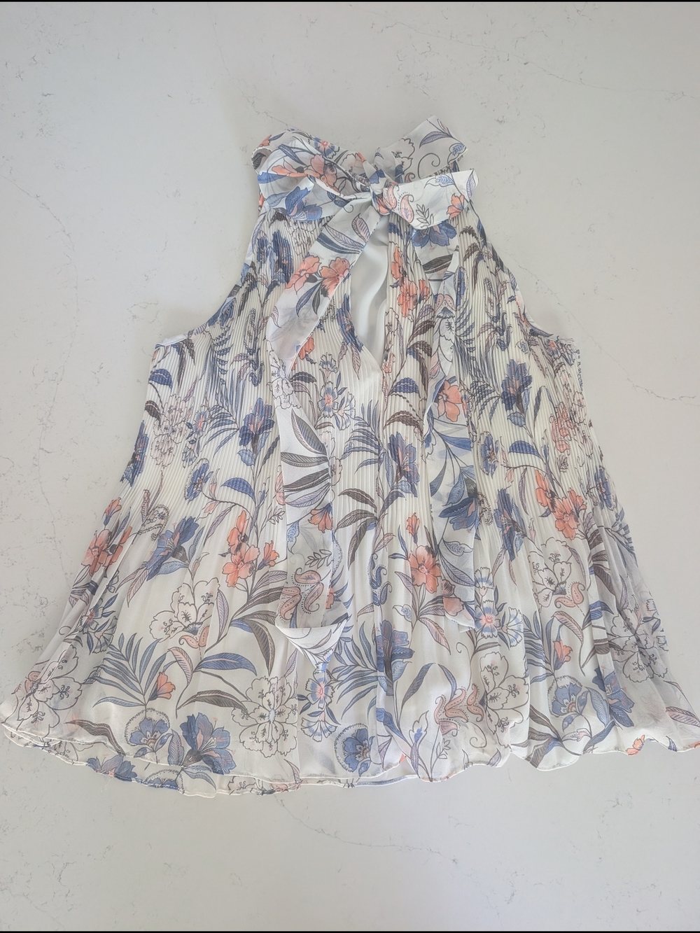 1. State White Floral Pleated Halter Tie Neck Blouse
